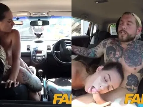 Homem todo tatuado comendo uma buceta peluda dentro do carro