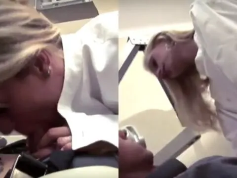 Dentista safada chupando o pau do paciente até ele gozar na boca