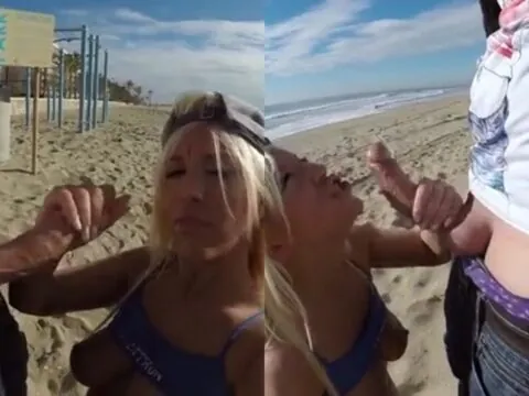 Loira safada chupando com vontade na praia até engolir toda porra