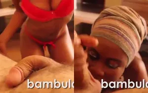 Negra safada chupando com vontade e engolindo a gozada no boquete caseiro