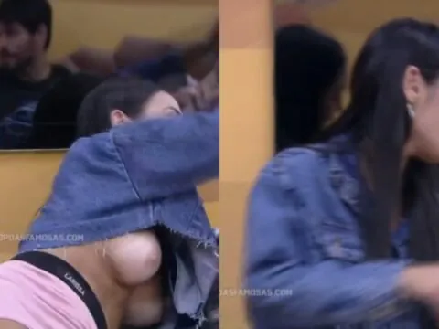 Gostosa pelada exibindo os peitos gostosos no conforto do quarto do BBB23