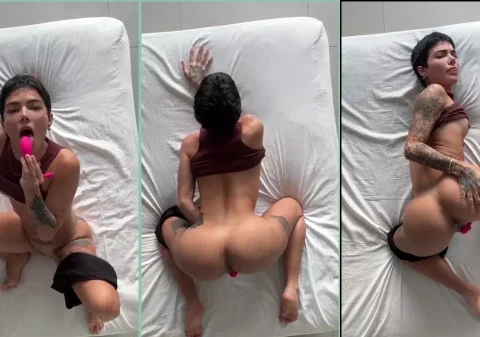 Morena de cabelo curto provocando sem calcinha