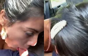 Morena gostosa mamando com tesão no carro em movimento até engolir tudo