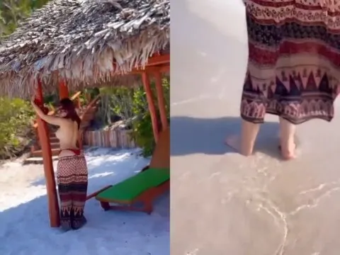 Morena gostosa mostrando tudo em praia paradisíaca