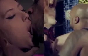 Ninfeta safada de garçonete dando o show no bar com dois caras