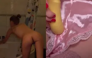 Ninfetinha safada brincando com vibrador enquanto tarado se excita com o show