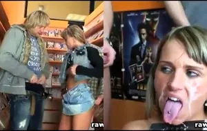 Safada gostosa fudendo no balcão da locadora de filmes até gozar gostoso