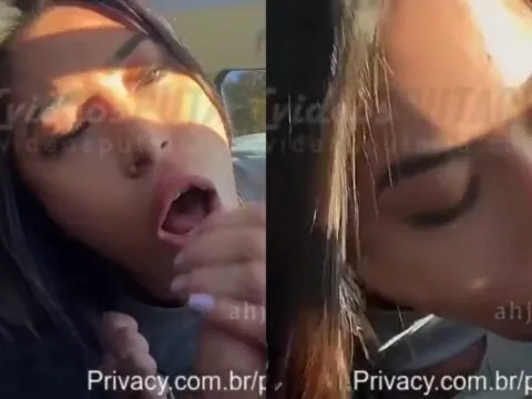 Gostosa greluda chupando o pau grosso no carro e engolindo leitinho